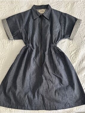 Dark Blue Denim Zip-Front Shirt Dress